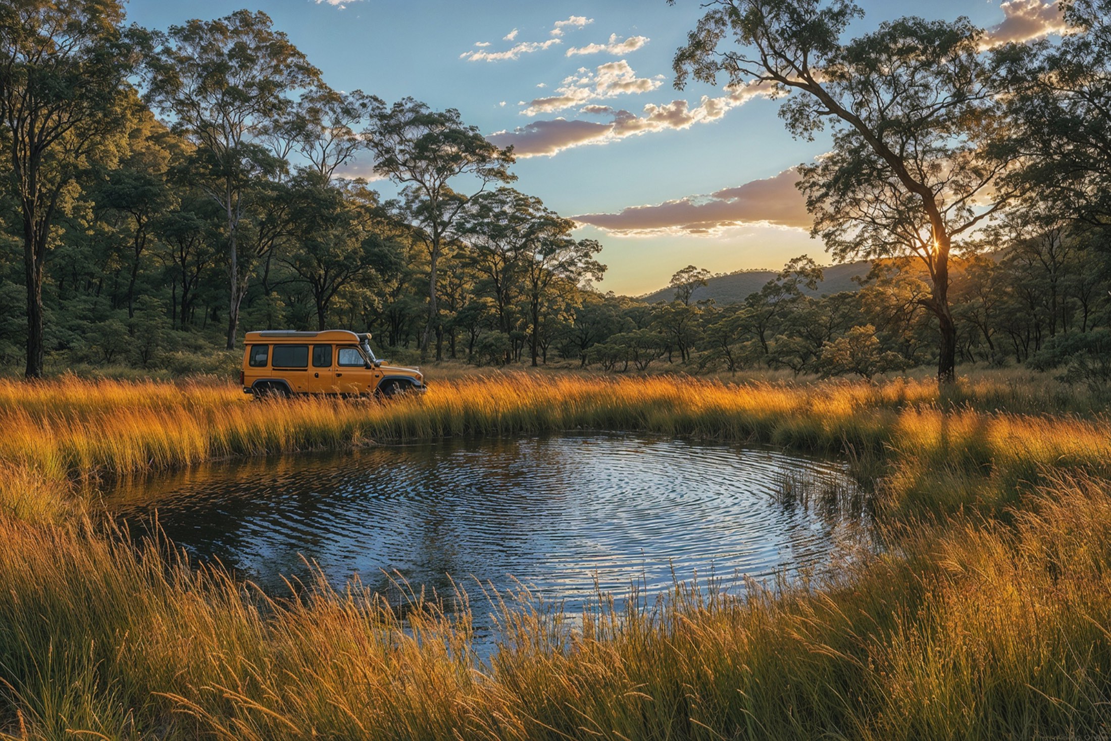Golden light over a waterhole at dusk, a safari vehicle drawn up at the grass line.